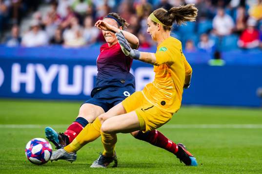Goalkeeper Karen Bardsley of England and Isabell Lehn
