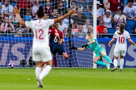 Ellen White of England scores 0-2 behind goalkeeper Ingrid
