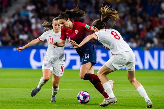 Fran Kirby and Jill Scott of England against Leah