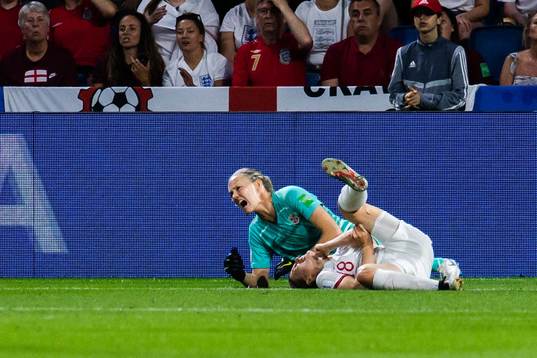 Goalkeeper Ingrid Hjelmseth of Norway in pain