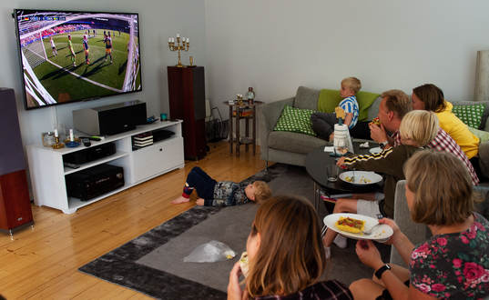 A family is watching the game