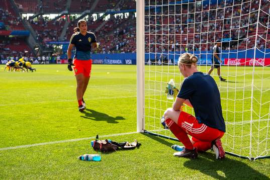 Goalkeeper Zecira Musovic and goalkeeper Hedvig Lindahl of