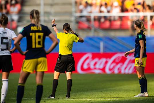 Referee Stéphanie Frappart with a VAR check