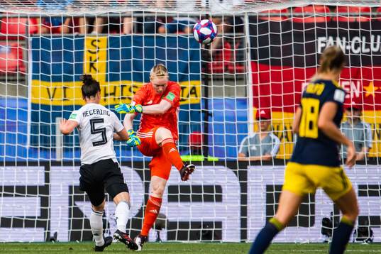 Goalkeeper Hedvig Lindahl of Sweden and Marina Hegering of