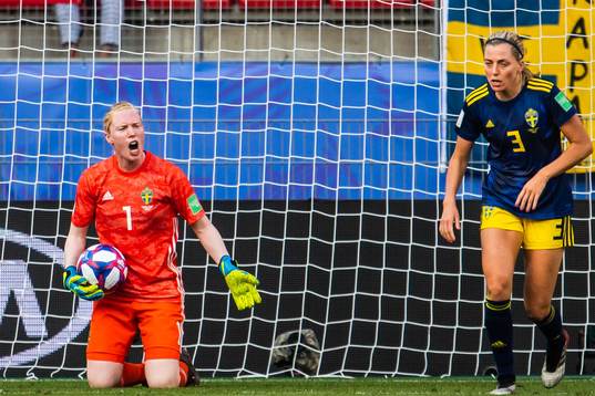 Goalkeeper Hedvig Lindahl and Linda Sembrant of Sweden