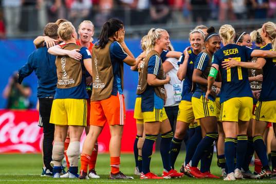 Nilla Fischer and goalkeeper Hedvig Lindahl of Sweden