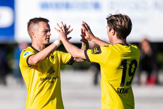 Aron Sigurdarson and Kasper Skaanes of Start celebrate