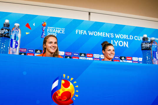 Vivianne Miedema and Dominique Bloodworth of Netherlands