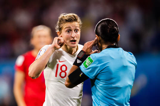Ellen White of England reacts