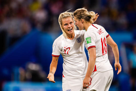 Rachel Ann Daly and Ellen White of England celebrate a goal