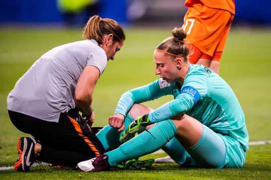 Goalkeeper Sari Van Veenendaal of Netherlands receives