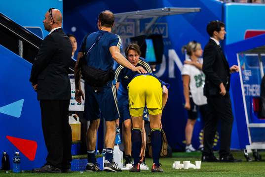 Lina Hurtig of Sweden feel her ankle