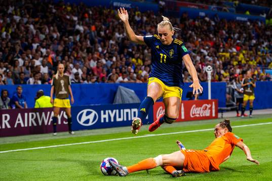 Stina Blackstenius of Sweden and Merel Didi Van Dongen of