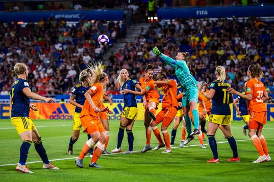 Goalkeeper Sari Van Veenendaal of Netherlands with a save