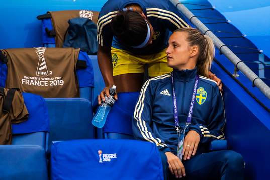 Injured Nathalie Björn of Sweden in the stands
