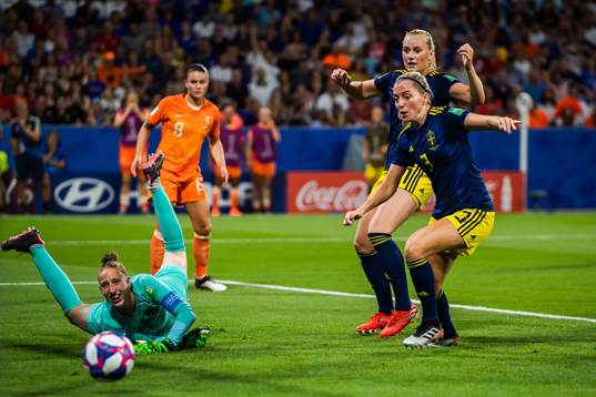 Goalkeeper Sari Van Veenendaal of Netherlands against Stina