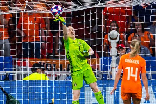 Goalkeeper Hedvig Lindahl of Sweden with a save