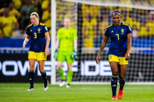 Linda Sembrant and Madelen Janogy of Sweden look dejected