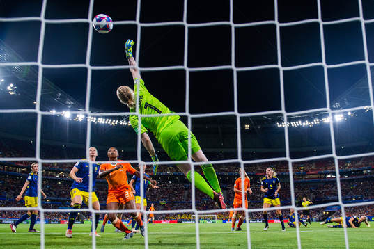Goalkeeper Hedvig Lindahl of Sweden with a save