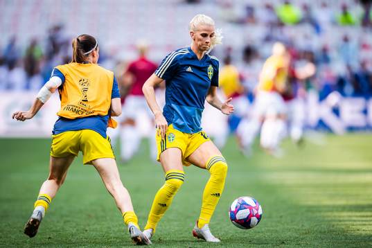 Kosovare Asllani and Sofia Jakobsson of Sweden