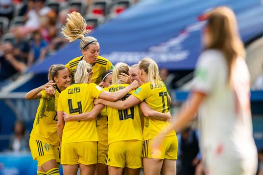 Sofia Jakobsson of Sweden celebrate with Linda Sembrant and