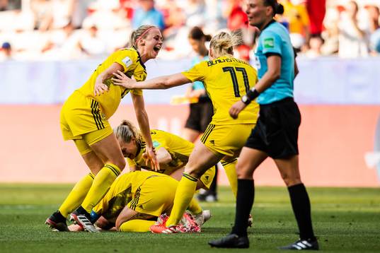 Linda Sembrant and Stina Blackstenius of Sweden celebrate