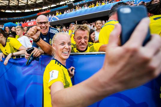 Caroline Seger of Sweden takes a selfie with her dad