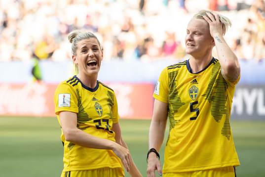 Olivia Schough and Nilla Fischer of Sweden celebrate