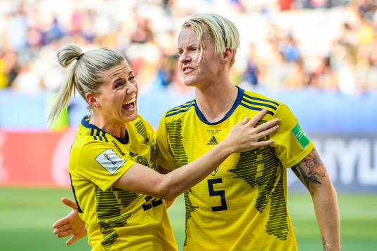 Olivia Schough and Nilla Fischer of Sweden celebrate