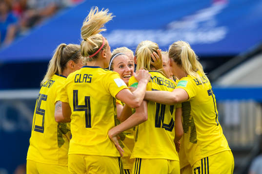 Kosovare Asllani celebrate with Sofia Jakobsson of Sweden