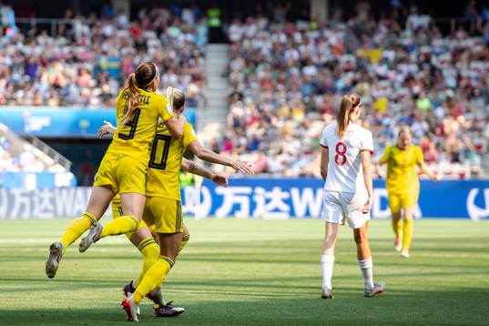 Kosovare Asllani and Sofia Jakobsson of Sweden celebrate