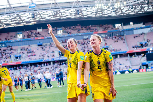 Linda Sembrant and Nilla Fischer of Sweden celebrate