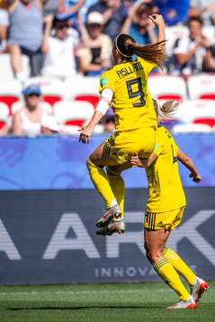 Kosovare Asllani and Hanna Glas of Sweden celebrate the 0-1