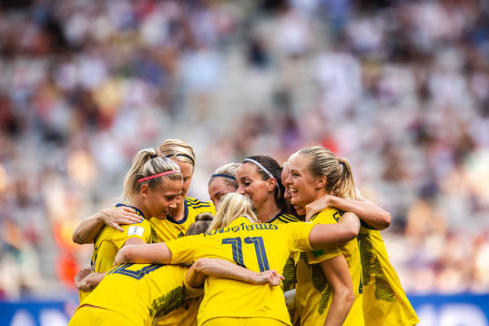 Players of Sweden celebrate the 0-2 goal by Sofia Jakobsson