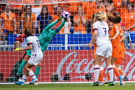 Goalkeeper Sari Van Veenendaal of Netherlands  saves