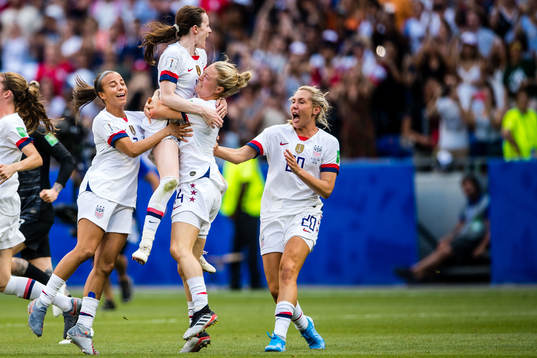 Emily Sonnett and Rose Lavelle  of USA celebrates