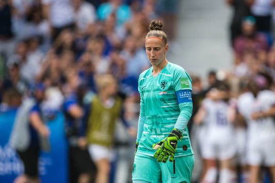 Goalkeeper Sari Van Veenendaal of Netherlands looks dejected