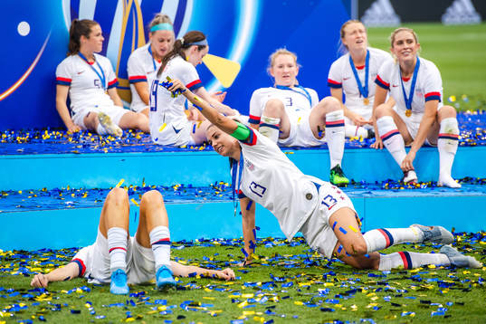 Alexandra Long and Alex Morgan of USA celebrate
