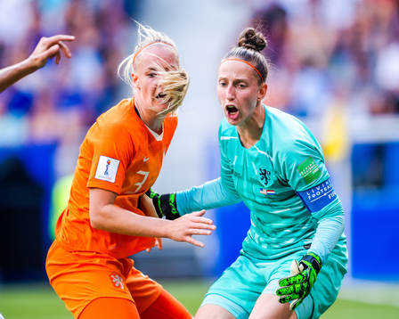 Stefanie Van Der Gragt and goalkeeper Sari Van Veenendaal