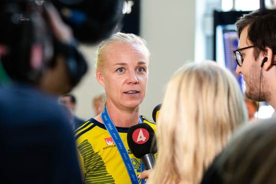 Caroline Seger speaks with media at the arrival at