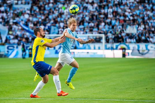 Oscar Lewicki of Malmö FF and Tony Kane of Ballymena United
