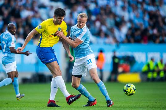 Adam Lecky of Ballymena United and Franz Brorsson of Malmö