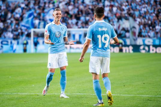 Erdal Rakip and Sören Rieks of Malmö FF celebrate
