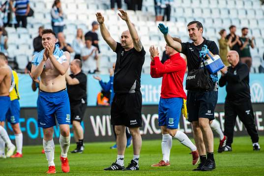 Players of Ballymena United thank the supporters