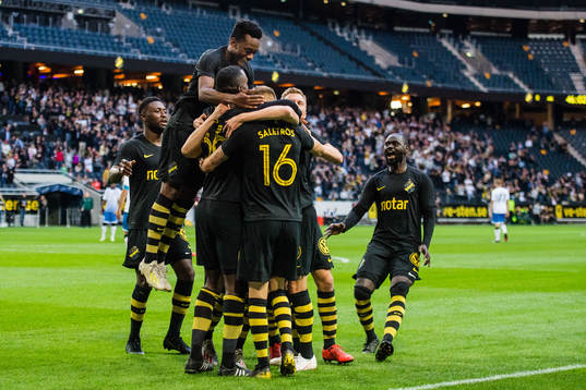 Henok Goitom of AIK celebrates with teammates