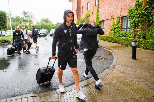Behrang Safari of Malmö FF arrive at their hotel