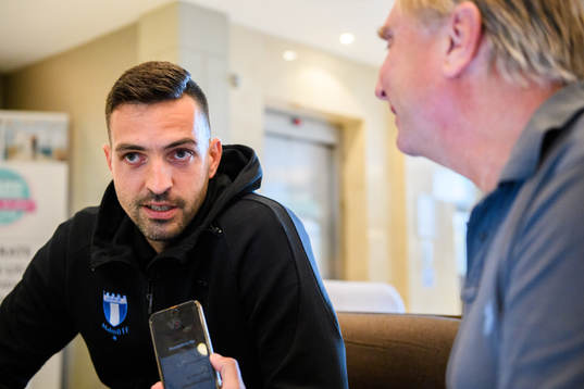 Goalkeeper Dusan Melicharek of Malmö FF talks to media