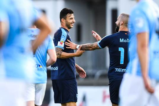 Behrang Safari and Guillermo Molins of Malmö FF celebrate