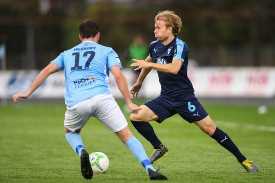 Oscar Lewicki of Malmö FF and Andy McGrory of Ballymena