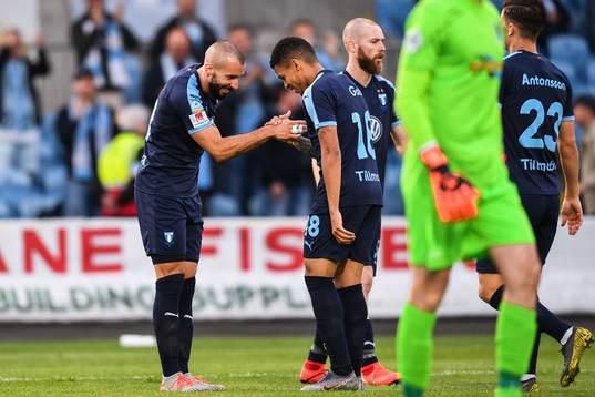 Guillermo Molins and Romain Gall of Malmö FF celebrate